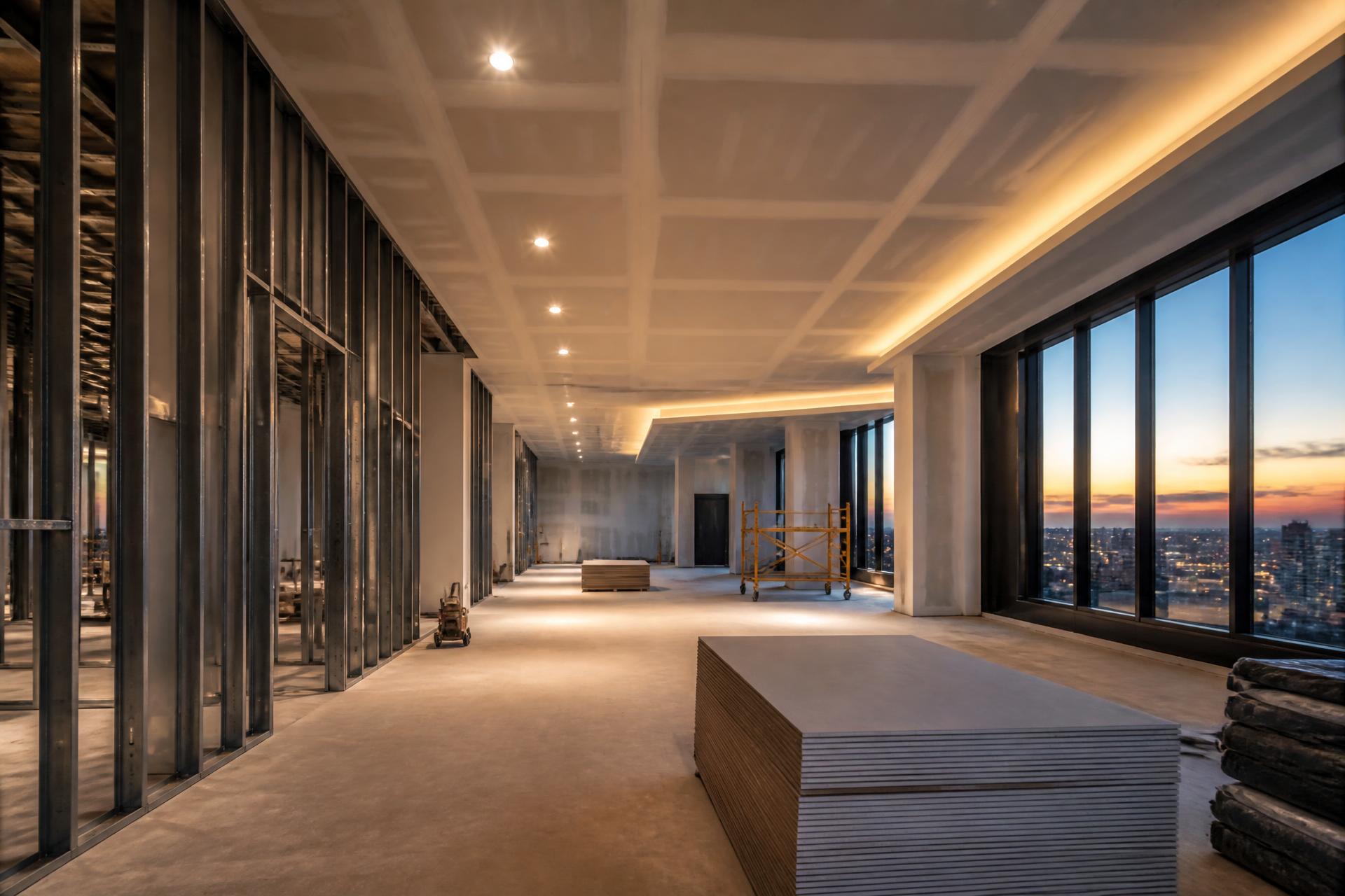 Modern high-rise interior with new drywall ceilings and metal stud framing at dusk